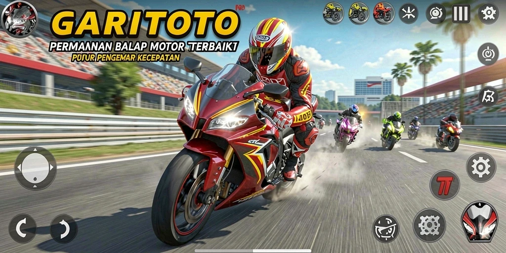 Tampilan gameplay GARITOTO dengan aksi balap motor yang intens.