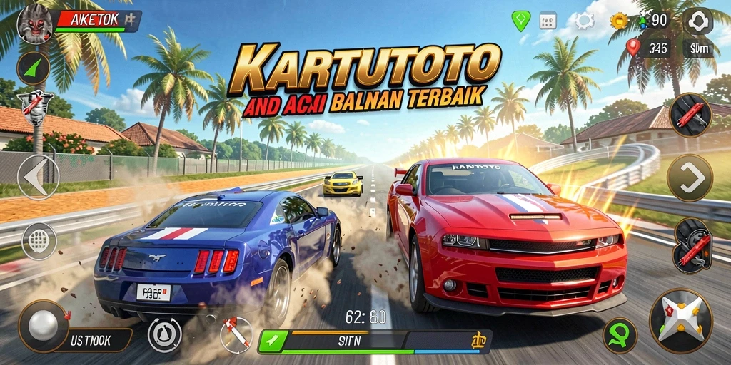Gameplay balapan KARTUTOTO dengan mobil cepat di lintasan menantang.
