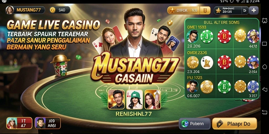 Screenshot gameplay Live Casino di MUSTANG77 yang menampilkan dealer langsung.