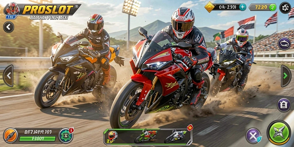 Gameplay seru dari PROSLOT dengan motor dan trek yang menantang.