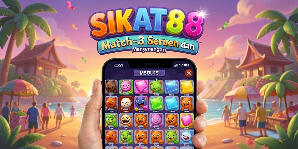 Tampilan gameplay SIKAT88 dengan elemen Match-3 yang ceria.